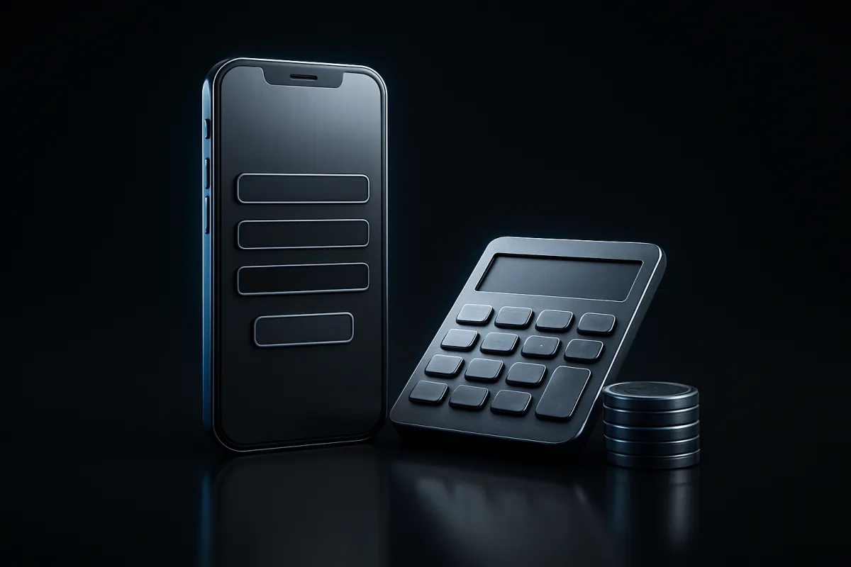 Un smartphone avec formulaire de contact côtoie une calculatrice et des pièces pour illustrer le coût par lead.