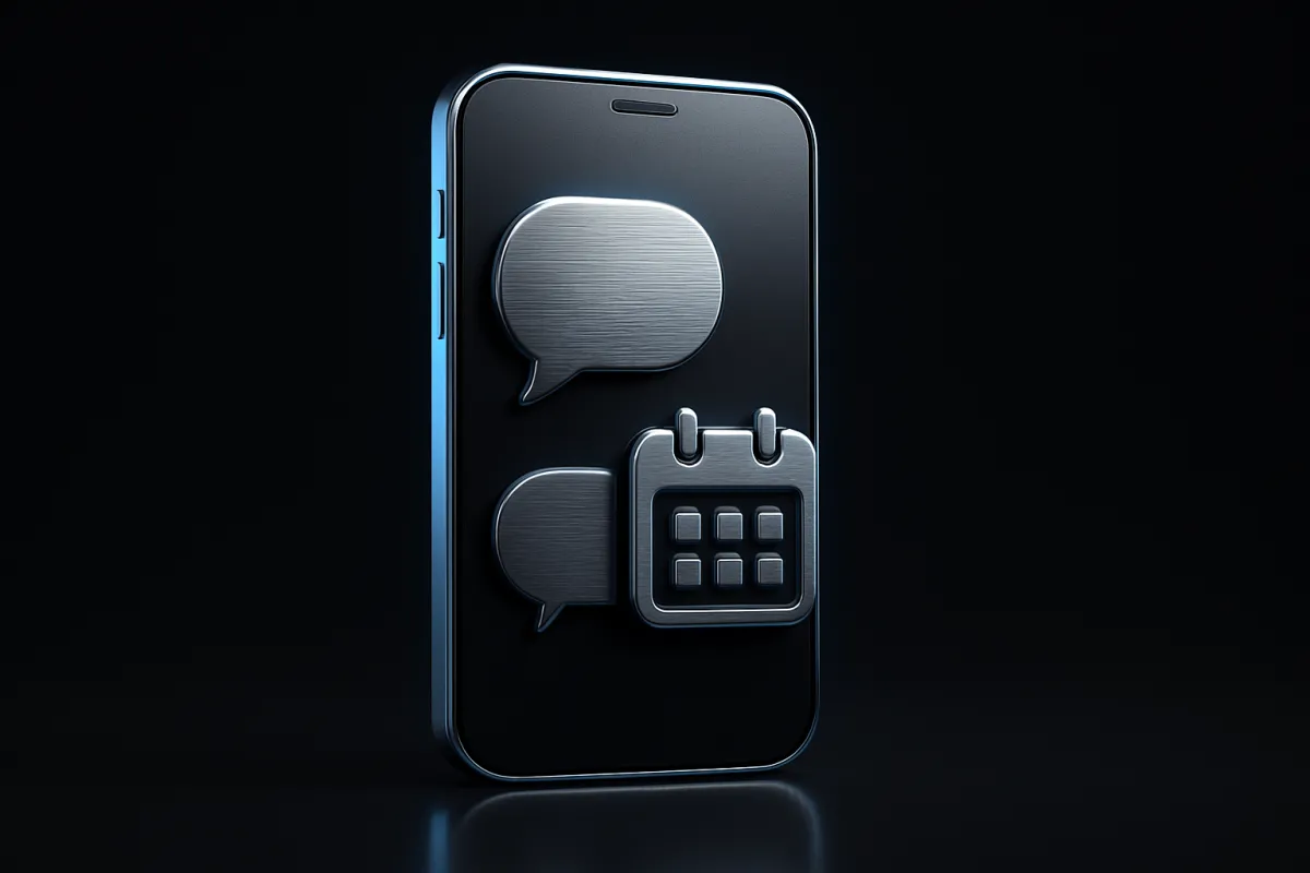 Un smartphone affiche des bulles de conversation et une icône de calendrier, sans texte.
